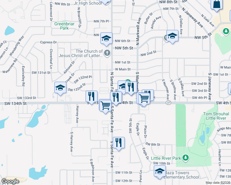 map of restaurants, bars, coffee shops, grocery stores, and more near 1060 Southwest 3rd Street in Moore