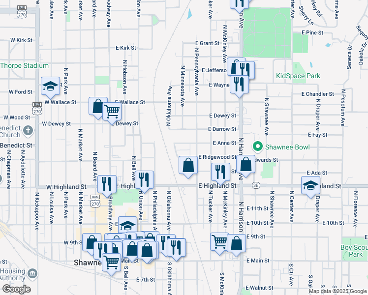 map of restaurants, bars, coffee shops, grocery stores, and more near 527 East Anna Street in Shawnee