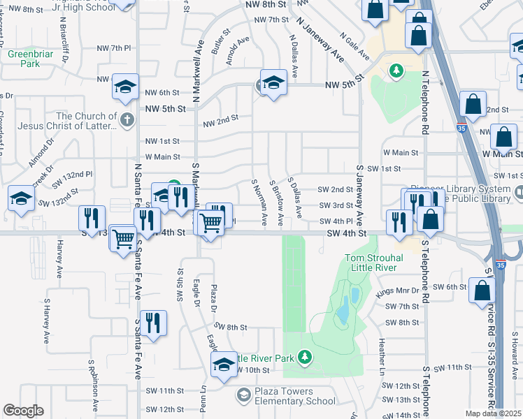 map of restaurants, bars, coffee shops, grocery stores, and more near 305 South Norman Avenue in Moore