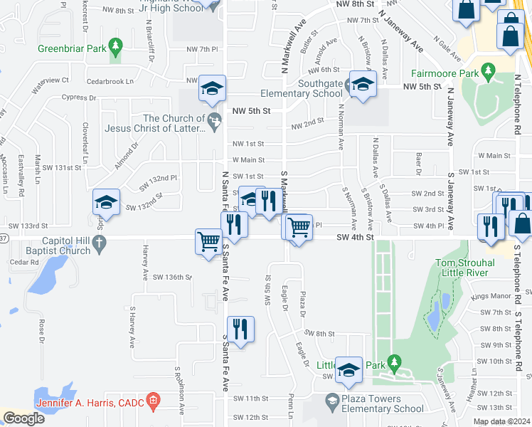 map of restaurants, bars, coffee shops, grocery stores, and more near 1016 Southwest 3rd Street in Moore