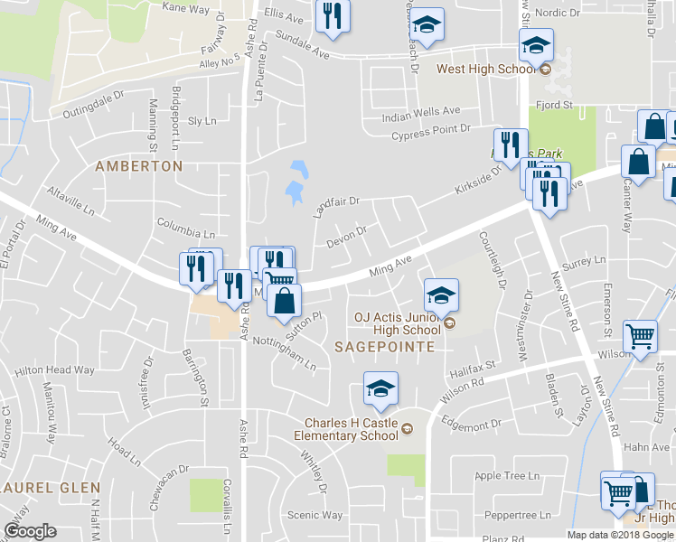 map of restaurants, bars, coffee shops, grocery stores, and more near 2112 Glendon Court in Bakersfield