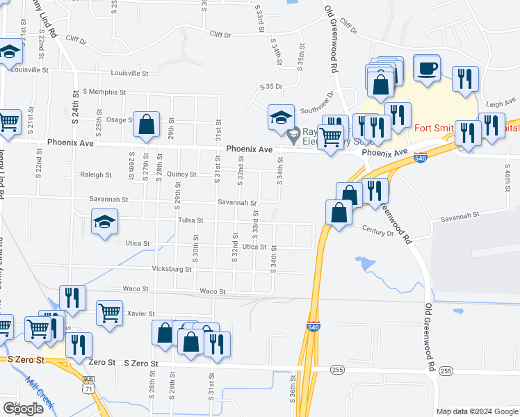 map of restaurants, bars, coffee shops, grocery stores, and more near 5005 South 33rd Street in Fort Smith