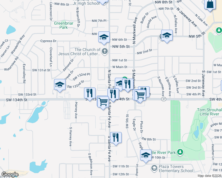 map of restaurants, bars, coffee shops, grocery stores, and more near 1060 Southwest 3rd Street in Moore