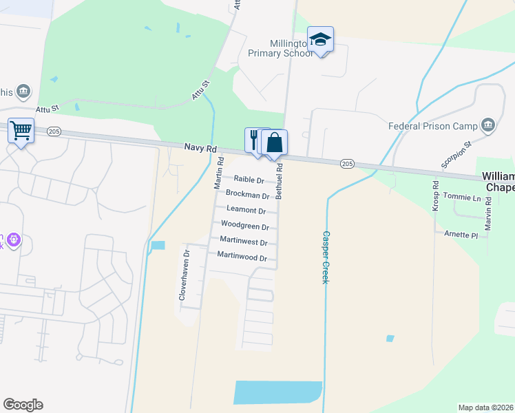 map of restaurants, bars, coffee shops, grocery stores, and more near 6350 Leamont Drive in Millington