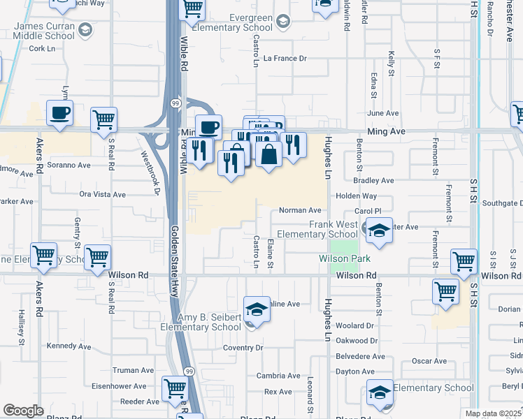 map of restaurants, bars, coffee shops, grocery stores, and more near 2101 Elaine Street in Bakersfield
