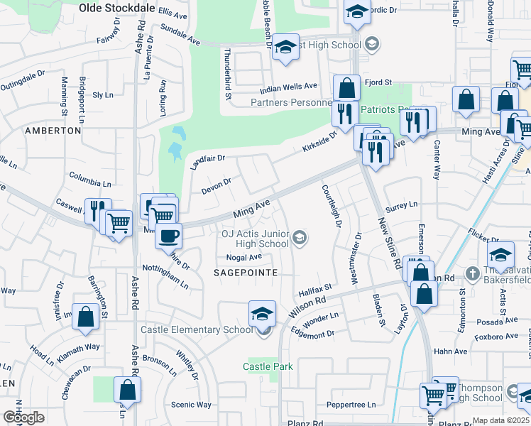 map of restaurants, bars, coffee shops, grocery stores, and more near 5901 Almendra Court in Bakersfield