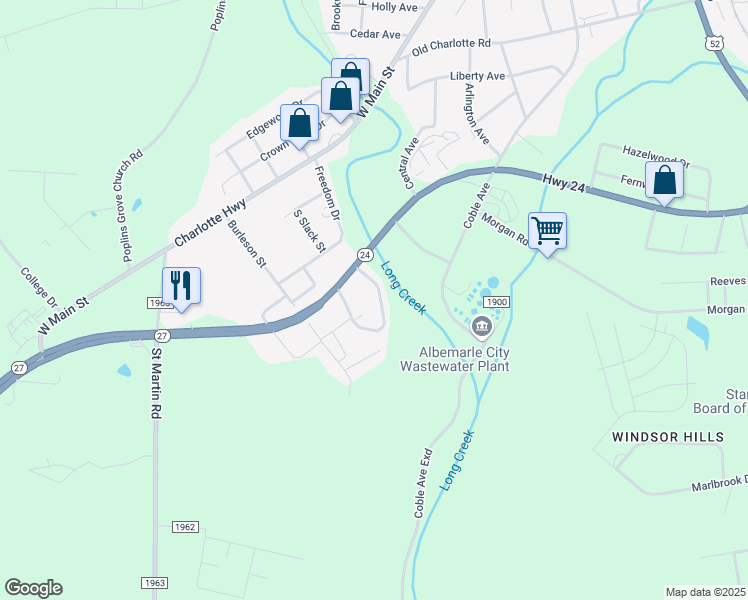 map of restaurants, bars, coffee shops, grocery stores, and more near 400 Creekridge Circle in Albemarle