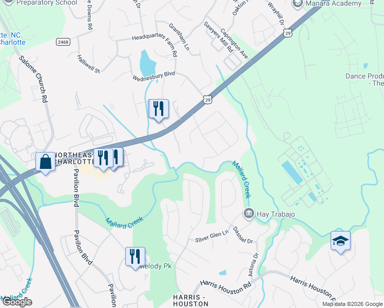 map of restaurants, bars, coffee shops, grocery stores, and more near 13711 Circle Drive in Charlotte