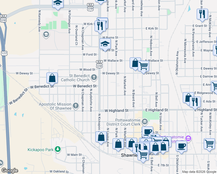 map of restaurants, bars, coffee shops, grocery stores, and more near 627 North Louisa Avenue in Shawnee