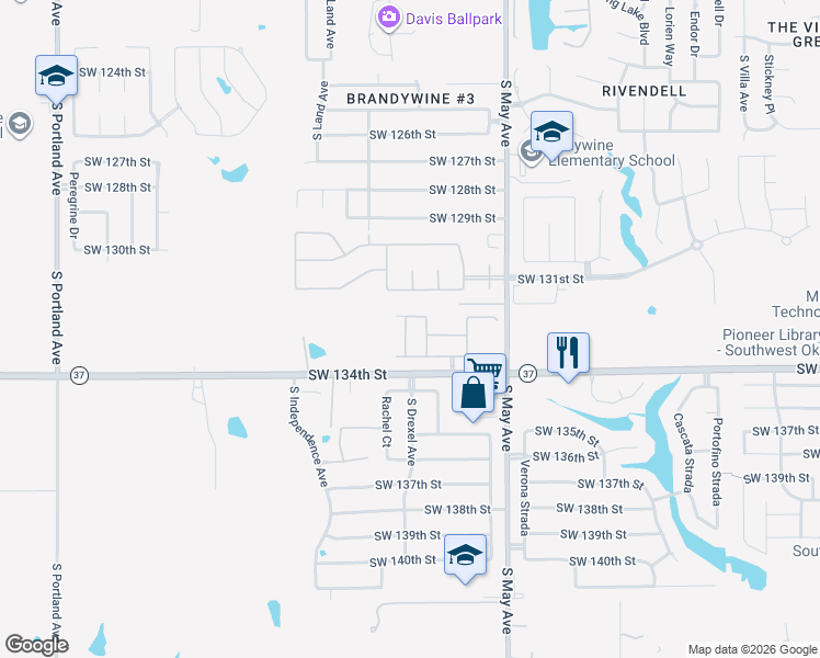 map of restaurants, bars, coffee shops, grocery stores, and more near 3209 Southwest 134th Street in Oklahoma City