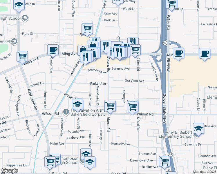 map of restaurants, bars, coffee shops, grocery stores, and more near Akers Road & Stokes Avenue in Bakersfield
