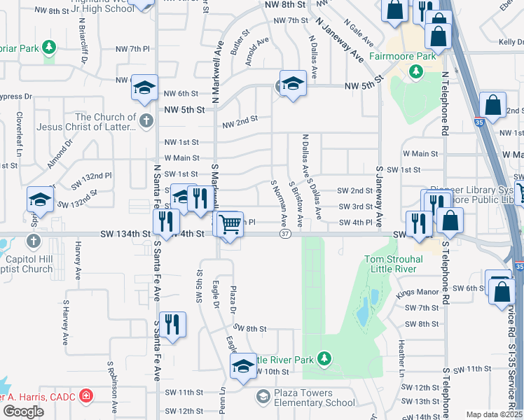 map of restaurants, bars, coffee shops, grocery stores, and more near 924 Southwest 3rd Street in Moore