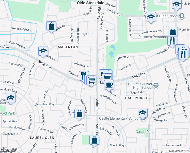 map of restaurants, bars, coffee shops, grocery stores, and more near 6500 Caswell Avenue in Bakersfield