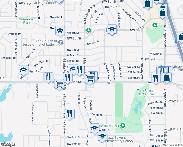 map of restaurants, bars, coffee shops, grocery stores, and more near 960 Southwest 3rd Street in Moore