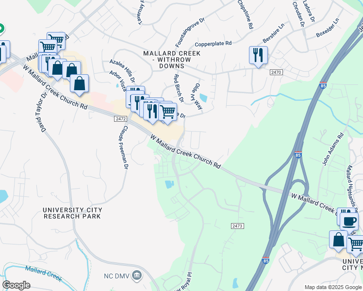 map of restaurants, bars, coffee shops, grocery stores, and more near 1836 West Mallard Creek Church Road in Charlotte