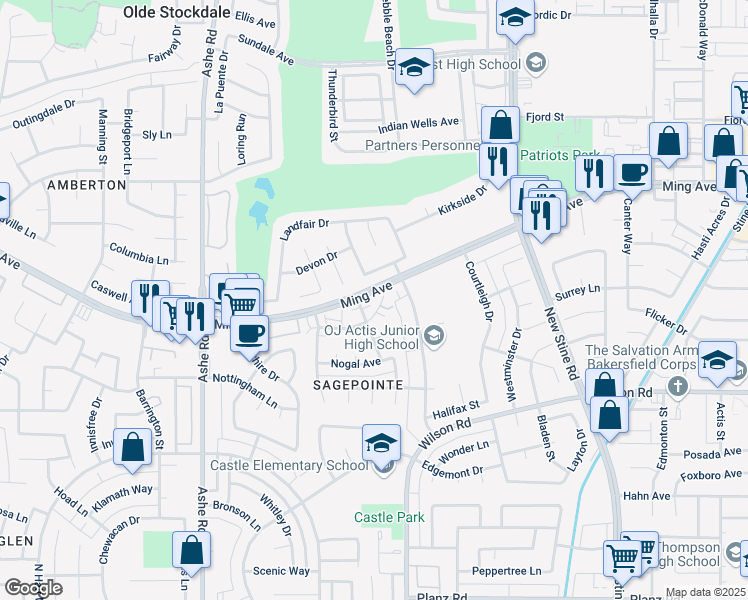 map of restaurants, bars, coffee shops, grocery stores, and more near 5901 Almendra Court in Bakersfield