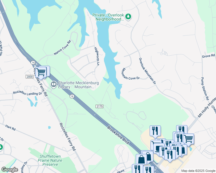 map of restaurants, bars, coffee shops, grocery stores, and more near 4900 Mountain Island Drive West in Charlotte