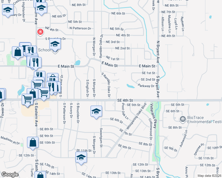 map of restaurants, bars, coffee shops, grocery stores, and more near 316 South Ramblin Oaks Drive in Moore