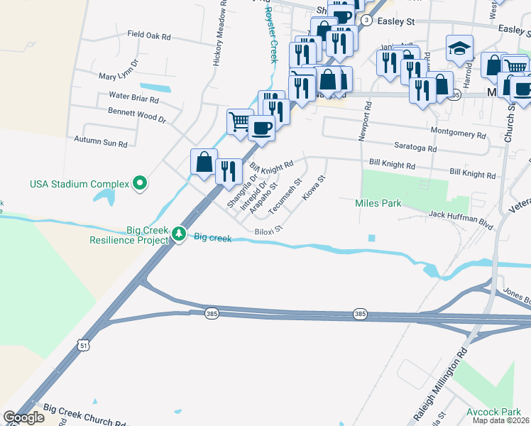 map of restaurants, bars, coffee shops, grocery stores, and more near 7677 Tecumseh Street in Millington