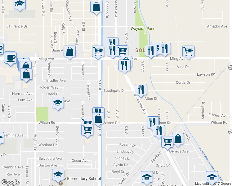 map of restaurants, bars, coffee shops, grocery stores, and more near 1507 Southgate Drive in Bakersfield
