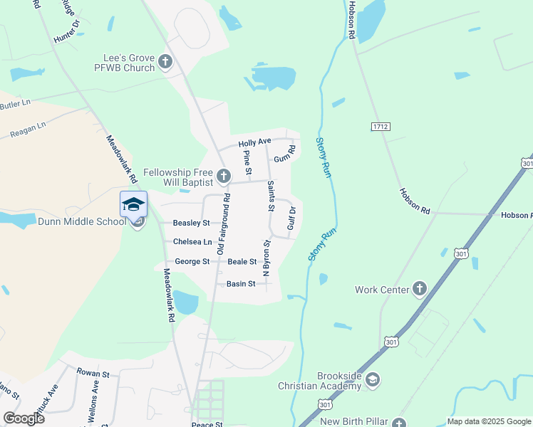 map of restaurants, bars, coffee shops, grocery stores, and more near 309 Saints Street in Dunn