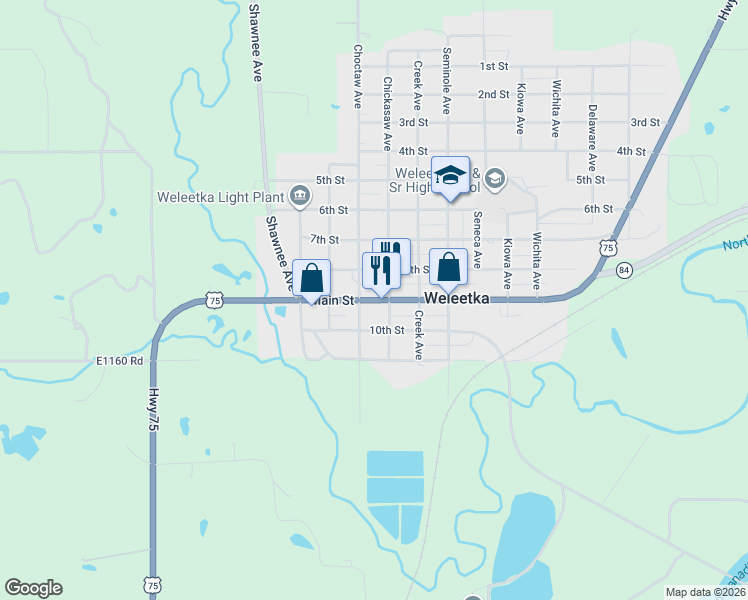 map of restaurants, bars, coffee shops, grocery stores, and more near 212 West 9th Street in Weleetka