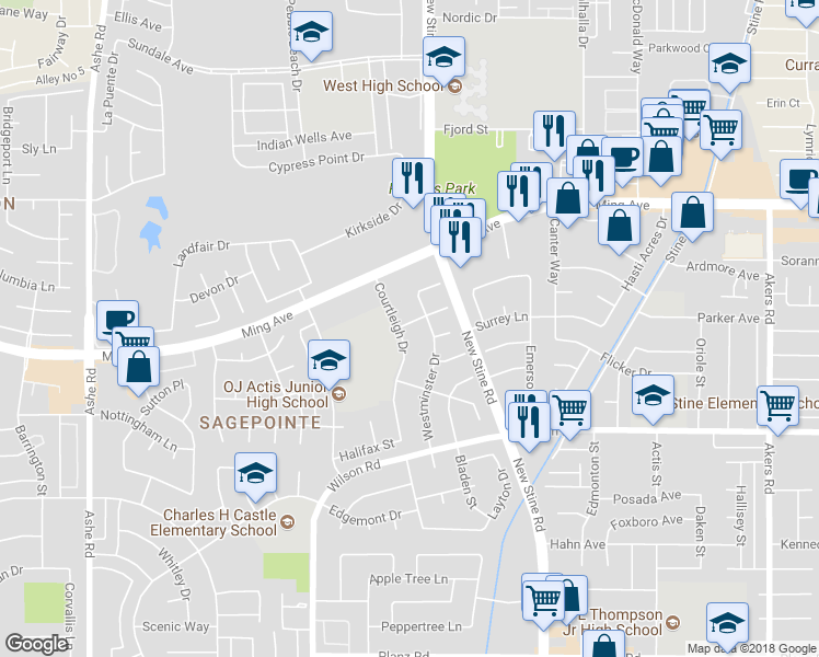 map of restaurants, bars, coffee shops, grocery stores, and more near 2100 Courtleigh Drive in Bakersfield