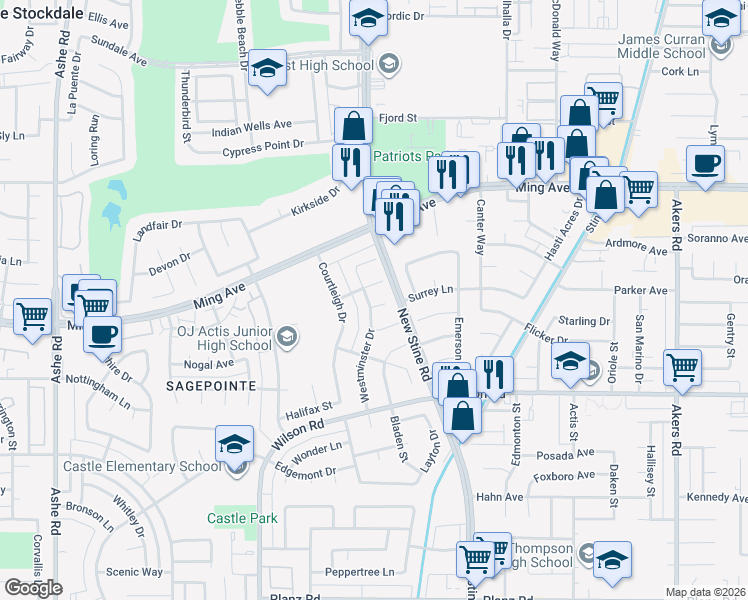 map of restaurants, bars, coffee shops, grocery stores, and more near 5312 Blake Court in Bakersfield