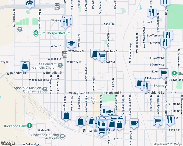 map of restaurants, bars, coffee shops, grocery stores, and more near 624 North Beard Avenue in Shawnee