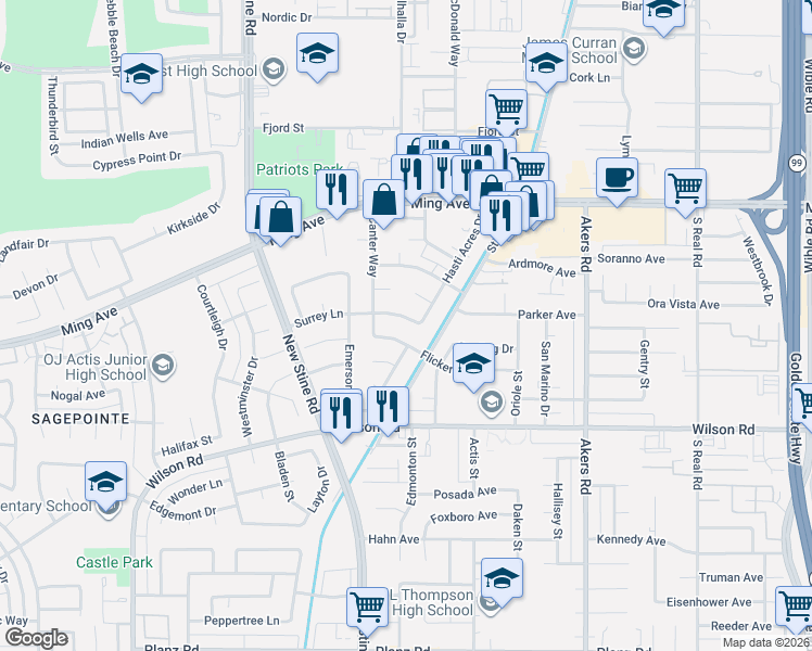 map of restaurants, bars, coffee shops, grocery stores, and more near 4809 Surrey Lane in Bakersfield