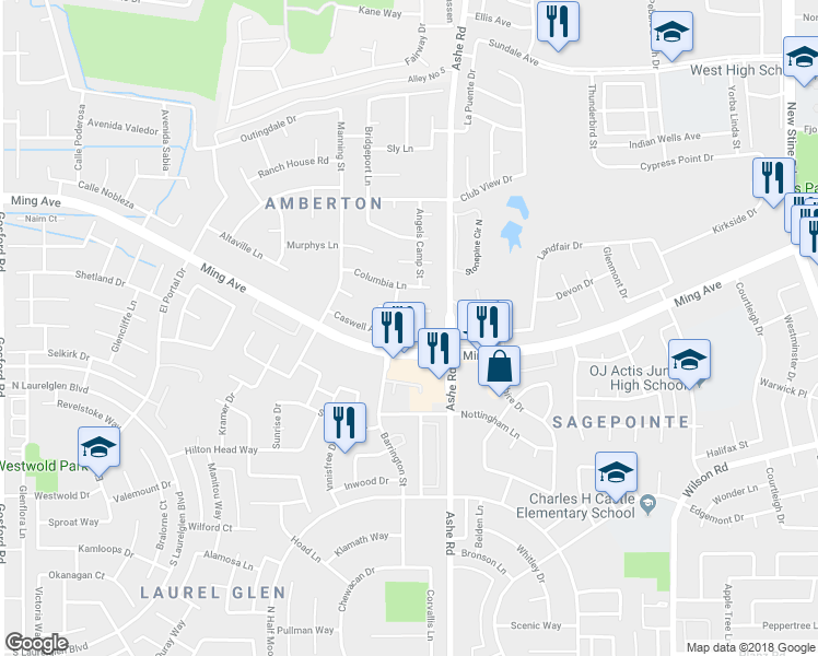 map of restaurants, bars, coffee shops, grocery stores, and more near 6608 Caswell Avenue in Bakersfield