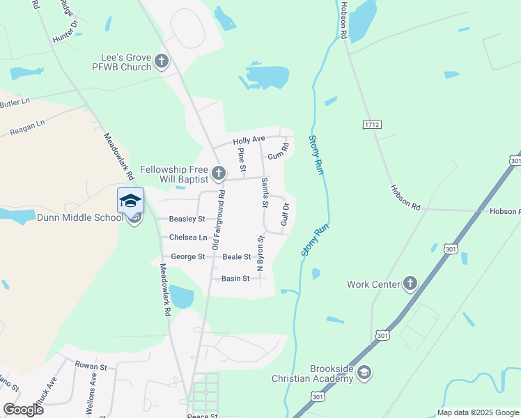 map of restaurants, bars, coffee shops, grocery stores, and more near 308 Saints Street in Dunn