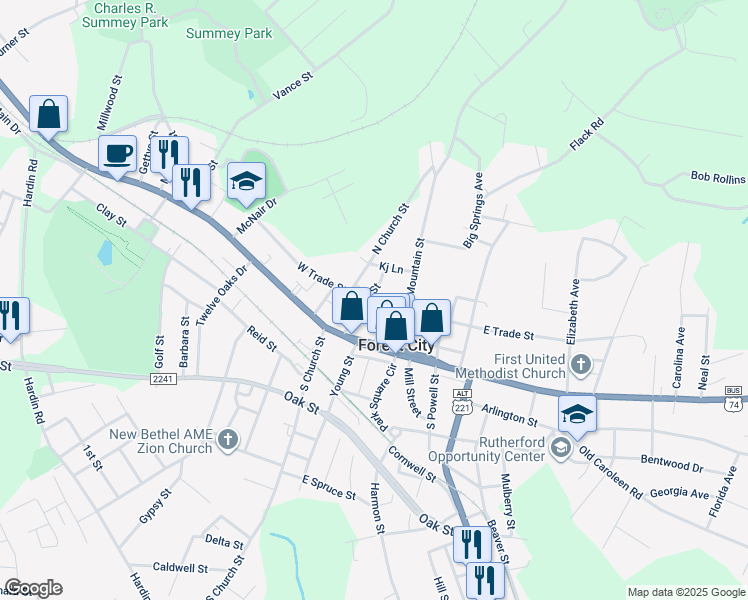 map of restaurants, bars, coffee shops, grocery stores, and more near Moody Street in Forest City
