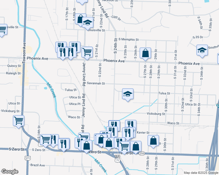 map of restaurants, bars, coffee shops, grocery stores, and more near 2308 Savannah Street in Fort Smith