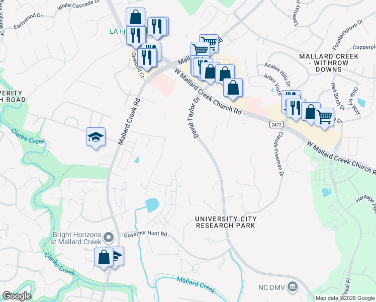 map of restaurants, bars, coffee shops, grocery stores, and more near 10735 David Taylor Drive in Charlotte