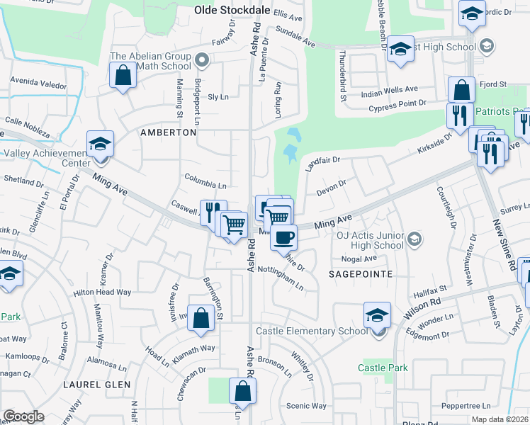 map of restaurants, bars, coffee shops, grocery stores, and more near 2000 Ashe Road in Bakersfield