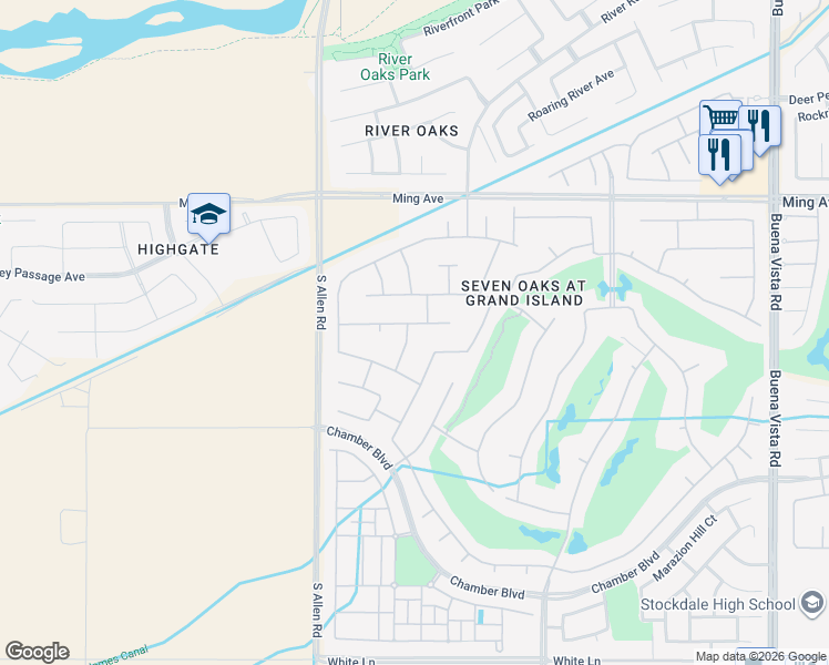 map of restaurants, bars, coffee shops, grocery stores, and more near 12507 Locksley Drive in Bakersfield