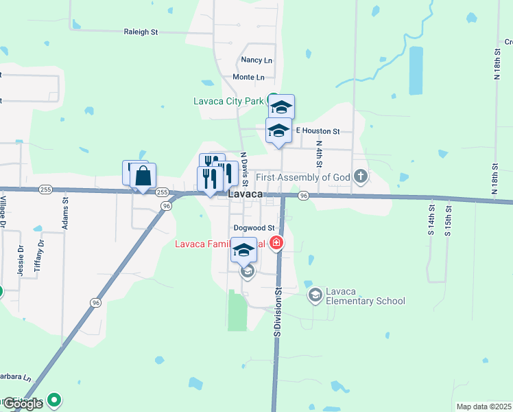 map of restaurants, bars, coffee shops, grocery stores, and more near 103 South Boone Street in Lavaca