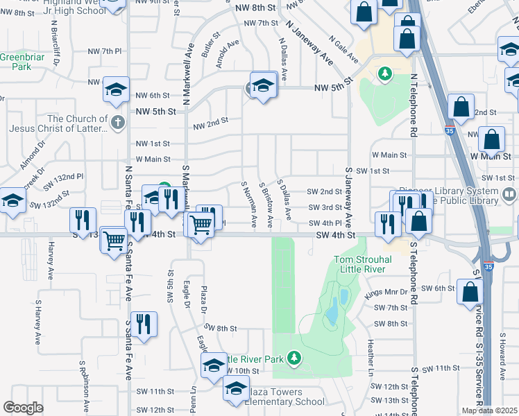 map of restaurants, bars, coffee shops, grocery stores, and more near 305 South Norman Avenue in Moore