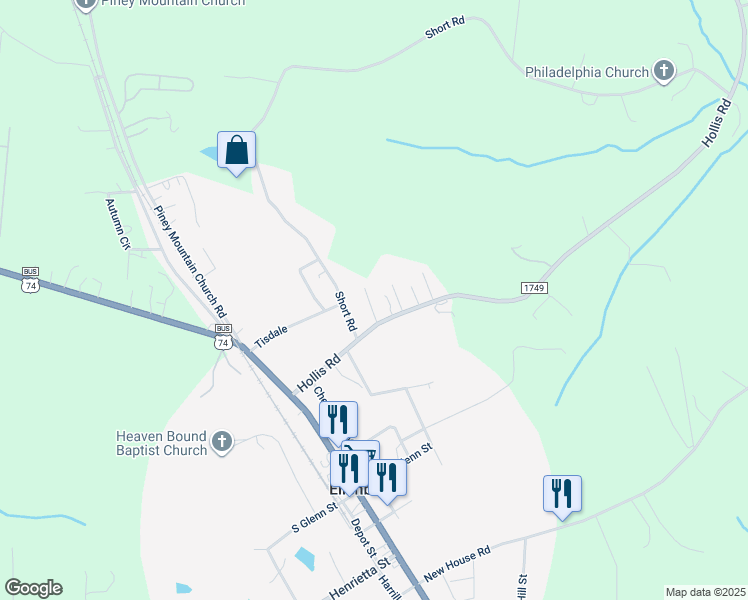 map of restaurants, bars, coffee shops, grocery stores, and more near 255 Hollis Road in Ellenboro