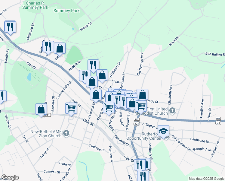 map of restaurants, bars, coffee shops, grocery stores, and more near Moody Street in Forest City