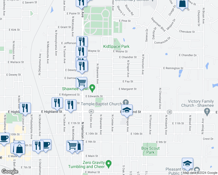 map of restaurants, bars, coffee shops, grocery stores, and more near 701 North Center Avenue in Shawnee