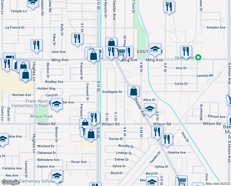 map of restaurants, bars, coffee shops, grocery stores, and more near 1507 Southgate Drive in Bakersfield