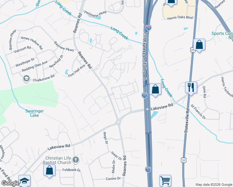 map of restaurants, bars, coffee shops, grocery stores, and more near 8628 Reames Road in Charlotte