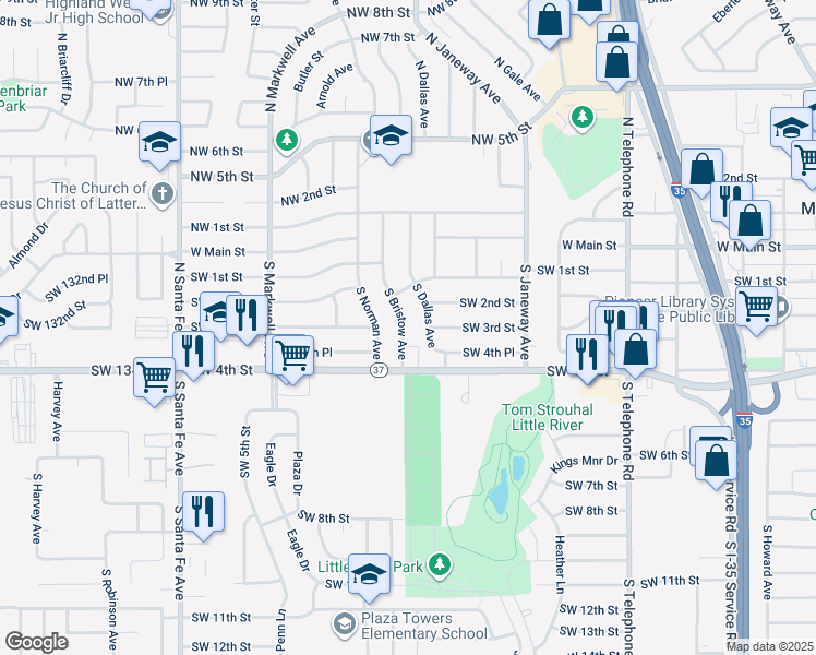 map of restaurants, bars, coffee shops, grocery stores, and more near 300 South Bristow Avenue in Moore