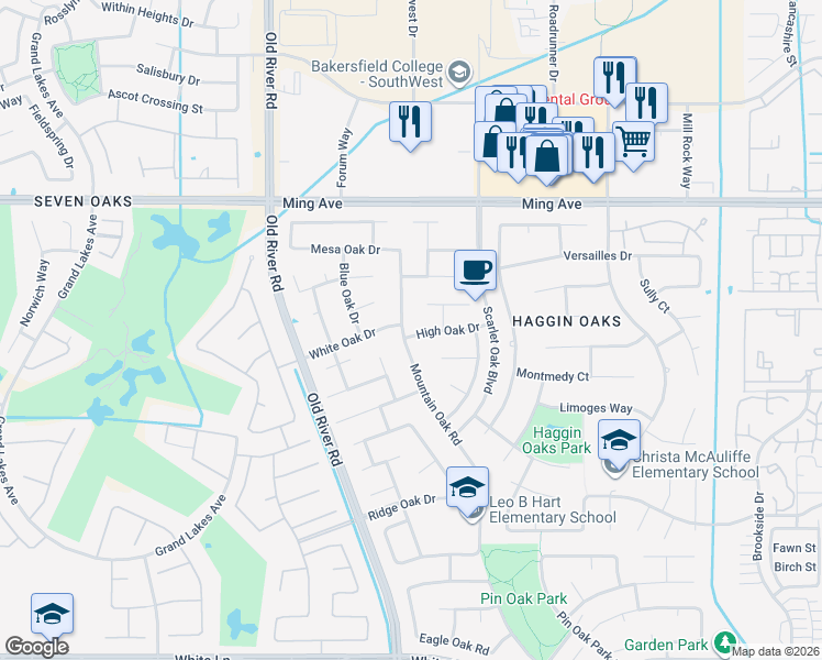 map of restaurants, bars, coffee shops, grocery stores, and more near 2104 Mountain Oak Road in Bakersfield