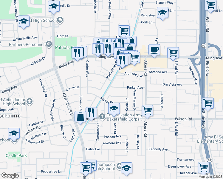 map of restaurants, bars, coffee shops, grocery stores, and more near 4459 Parker Avenue in Bakersfield