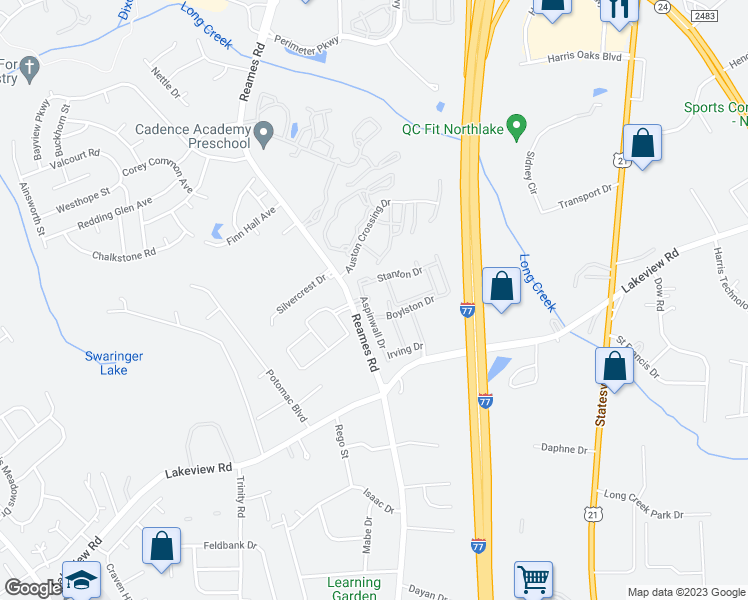 map of restaurants, bars, coffee shops, grocery stores, and more near 8628 Reames Road in Charlotte