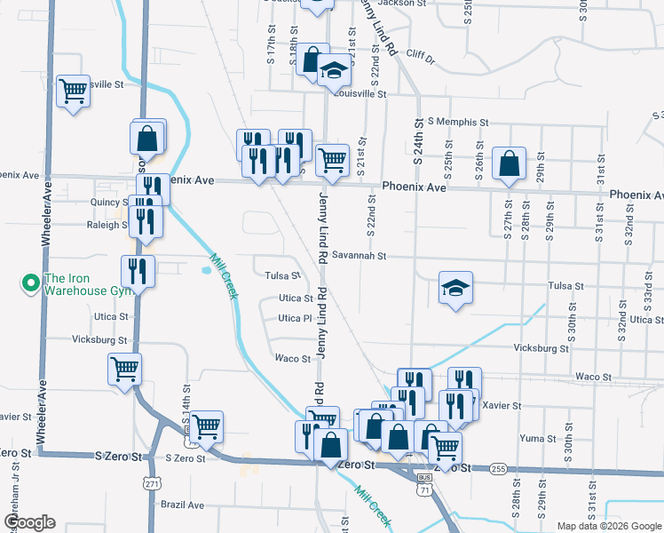 map of restaurants, bars, coffee shops, grocery stores, and more near 5007 Jenny Lind Road in Fort Smith