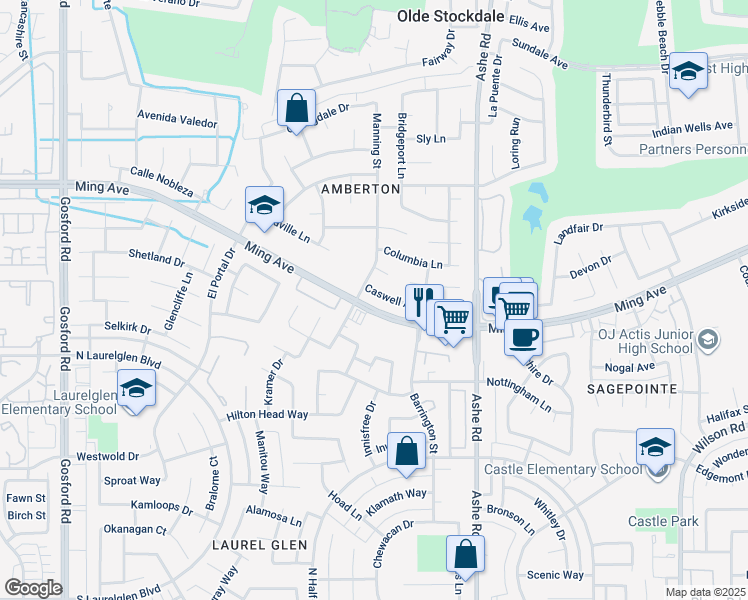 map of restaurants, bars, coffee shops, grocery stores, and more near 6901 Caswell Avenue in Bakersfield